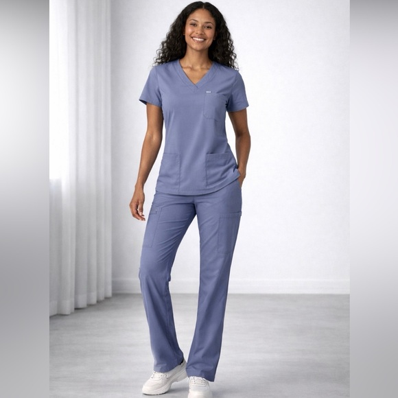 Figs Pants - FIGS Three-Pocket Top & Straight-Leg Scrub Set Dusty Periwinkle Blue-Gray